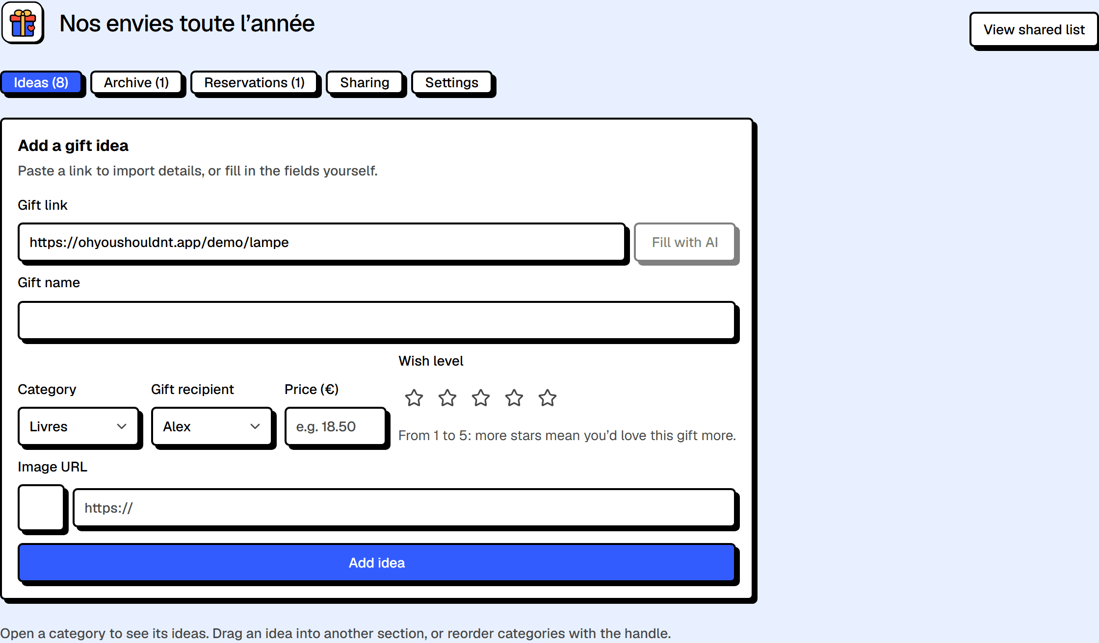 Form for adding a new gift idea.