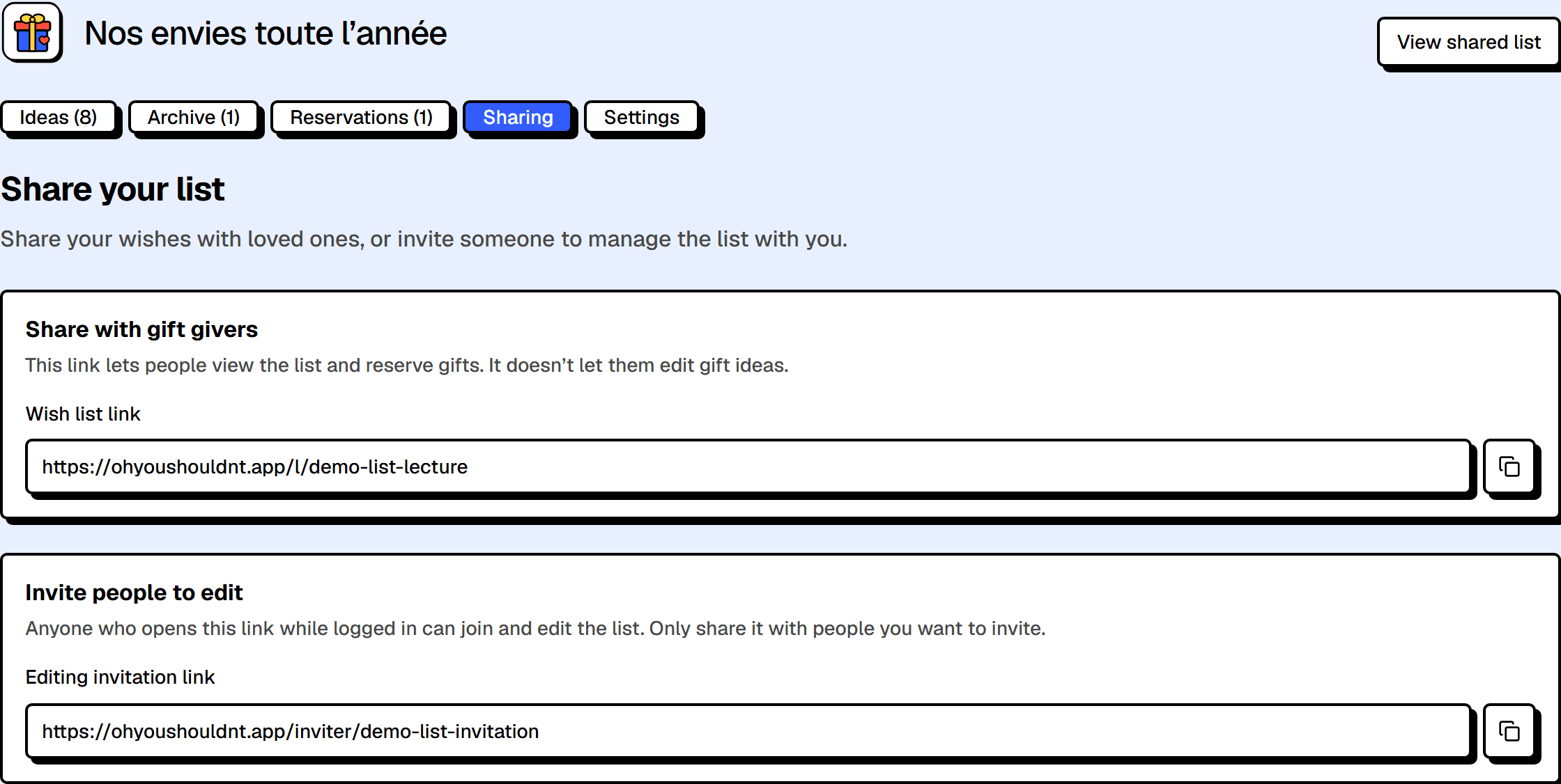 Sharing settings for a gift wish list.