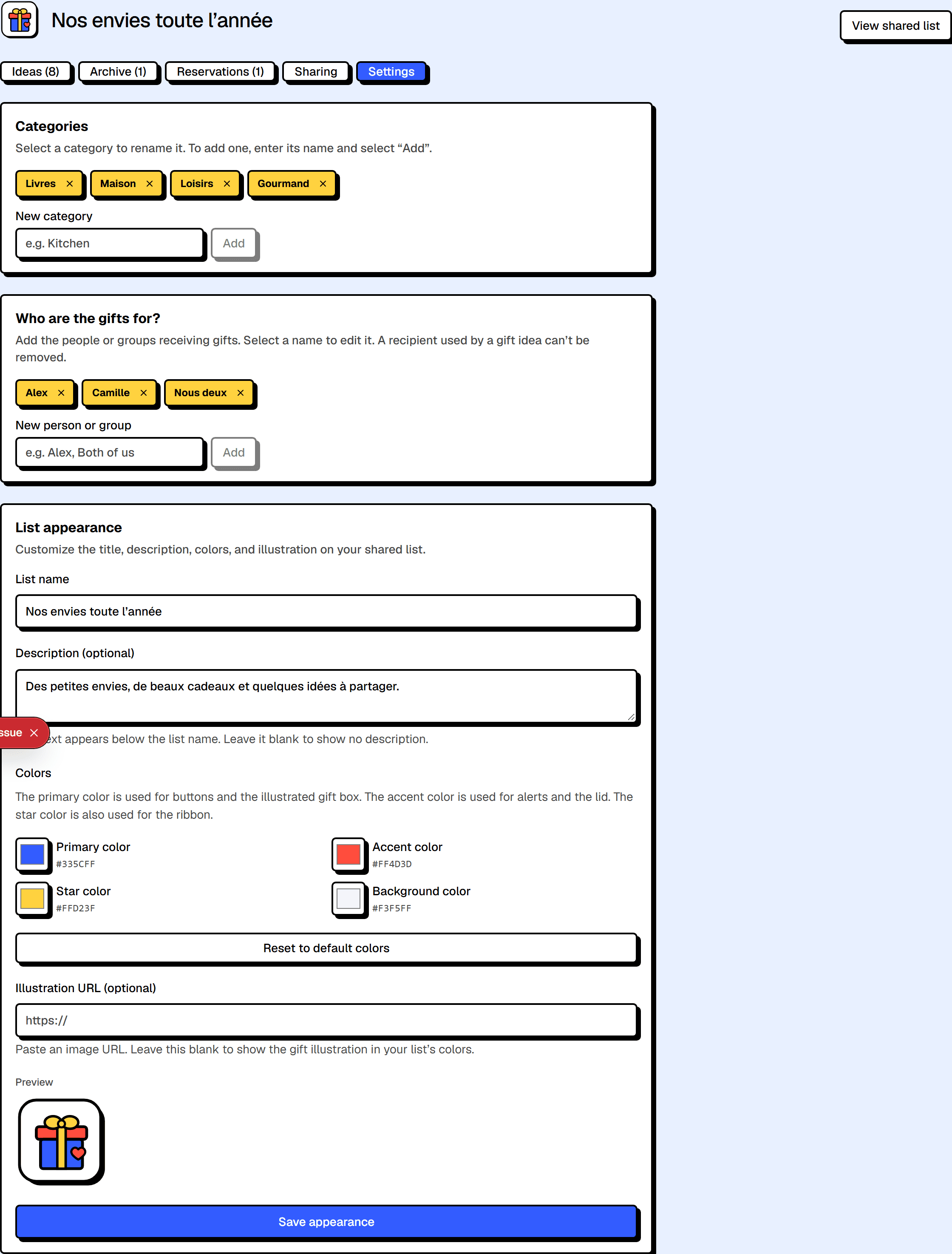 Customization settings for a gift wish list.