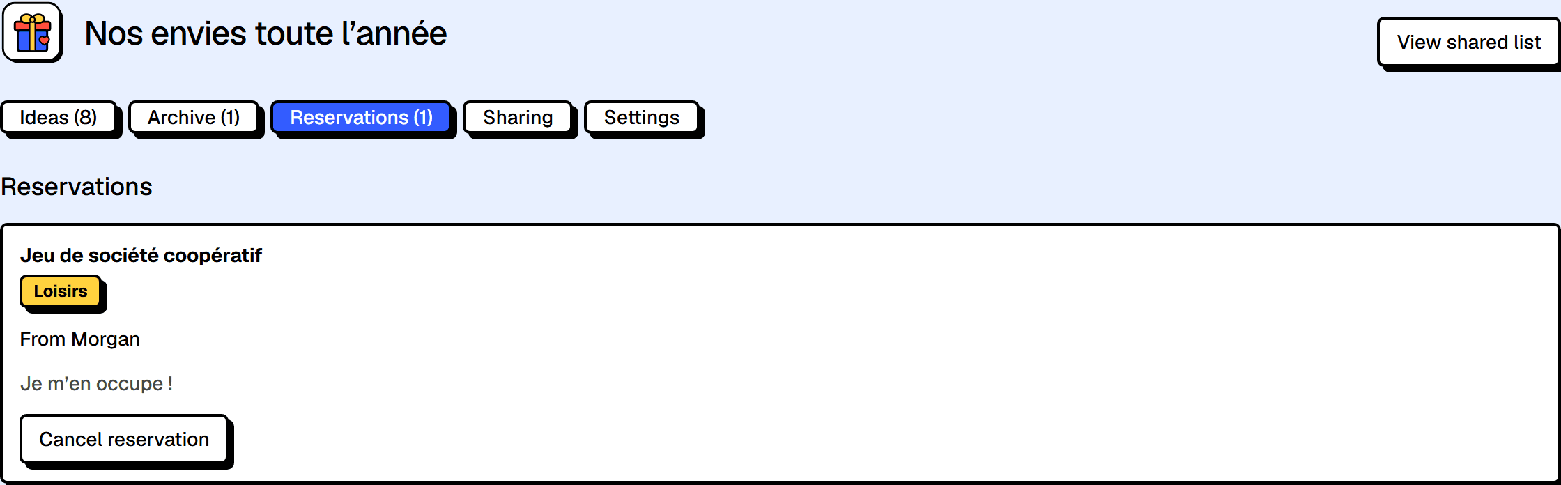 Screen for tracking reserved gifts.