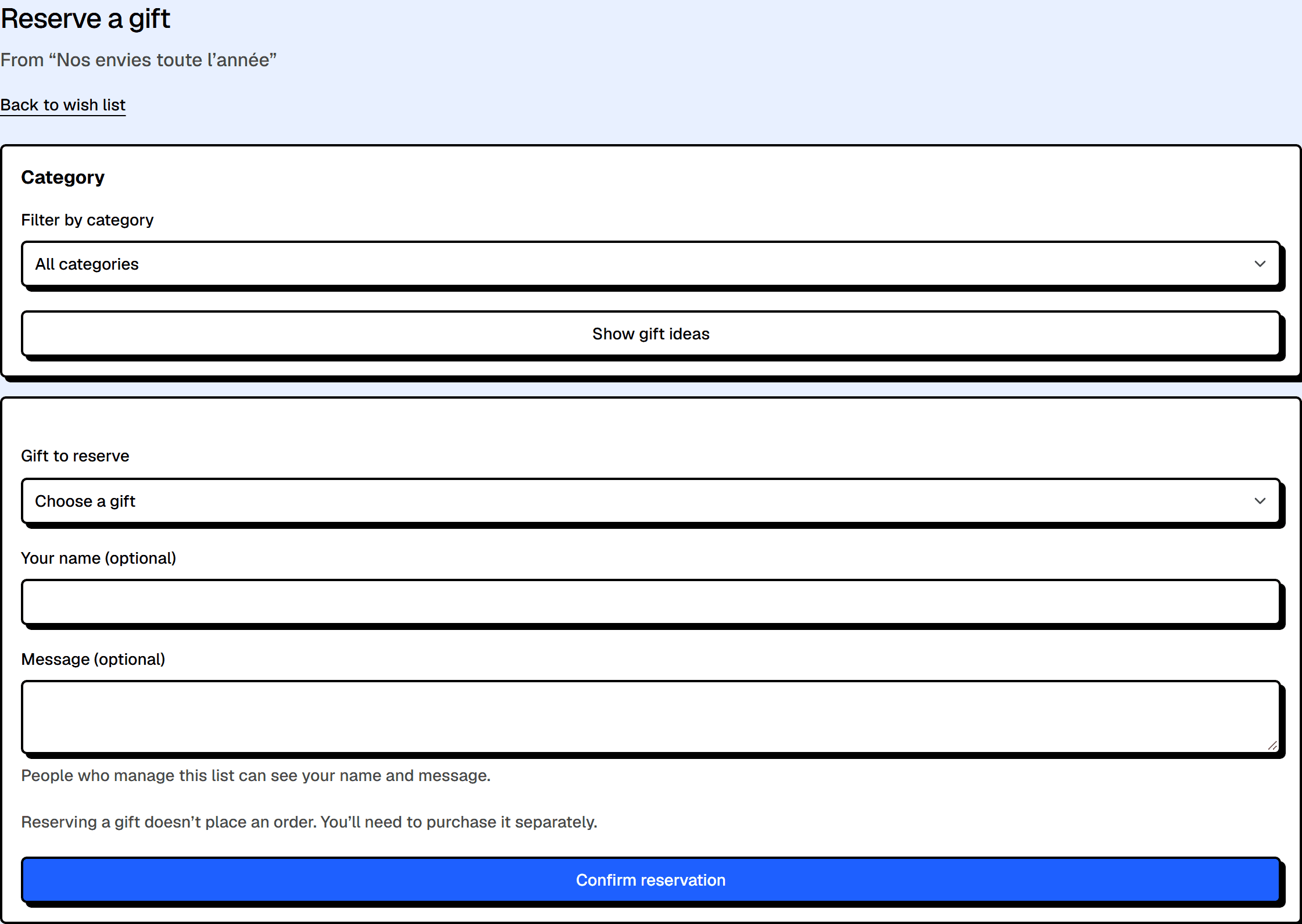 Form for reserving a gift from a shared wish list.