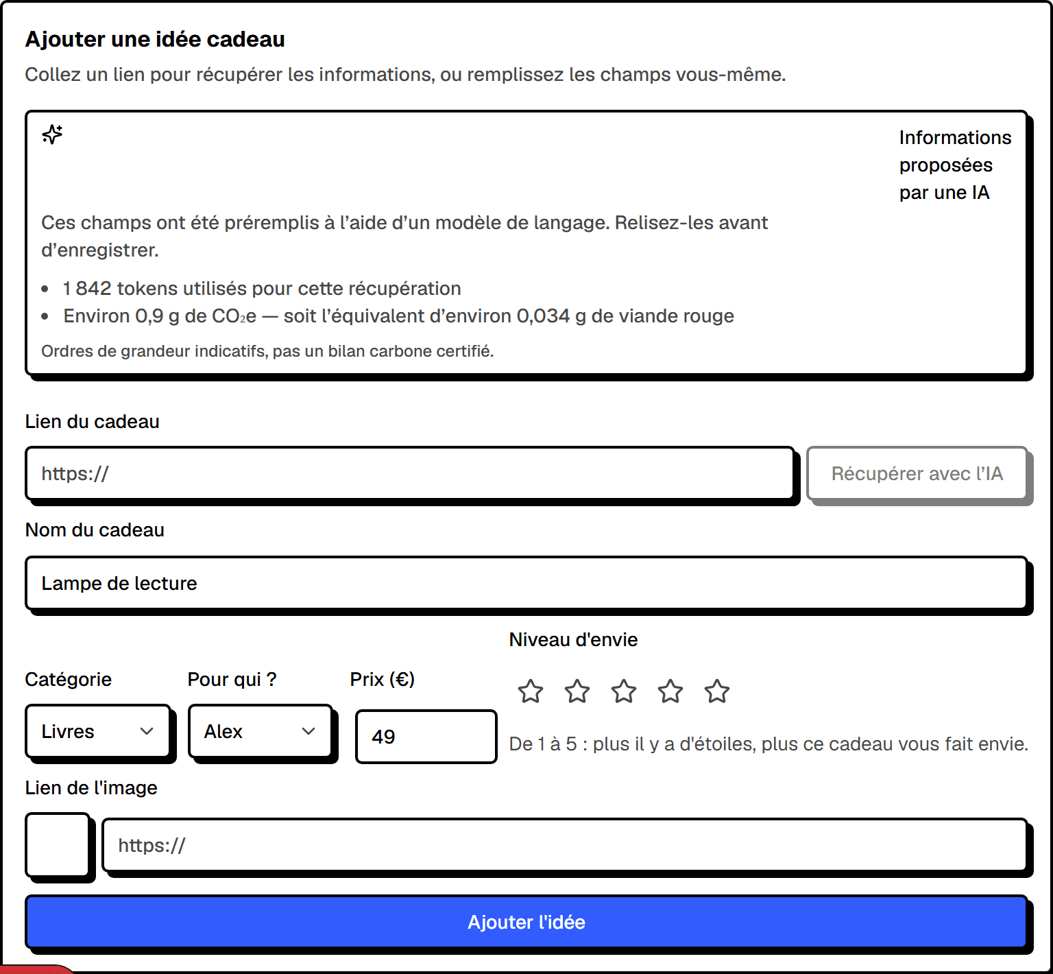Message indiquant qu’une IA a prérempli les champs, avec estimation d’impact.