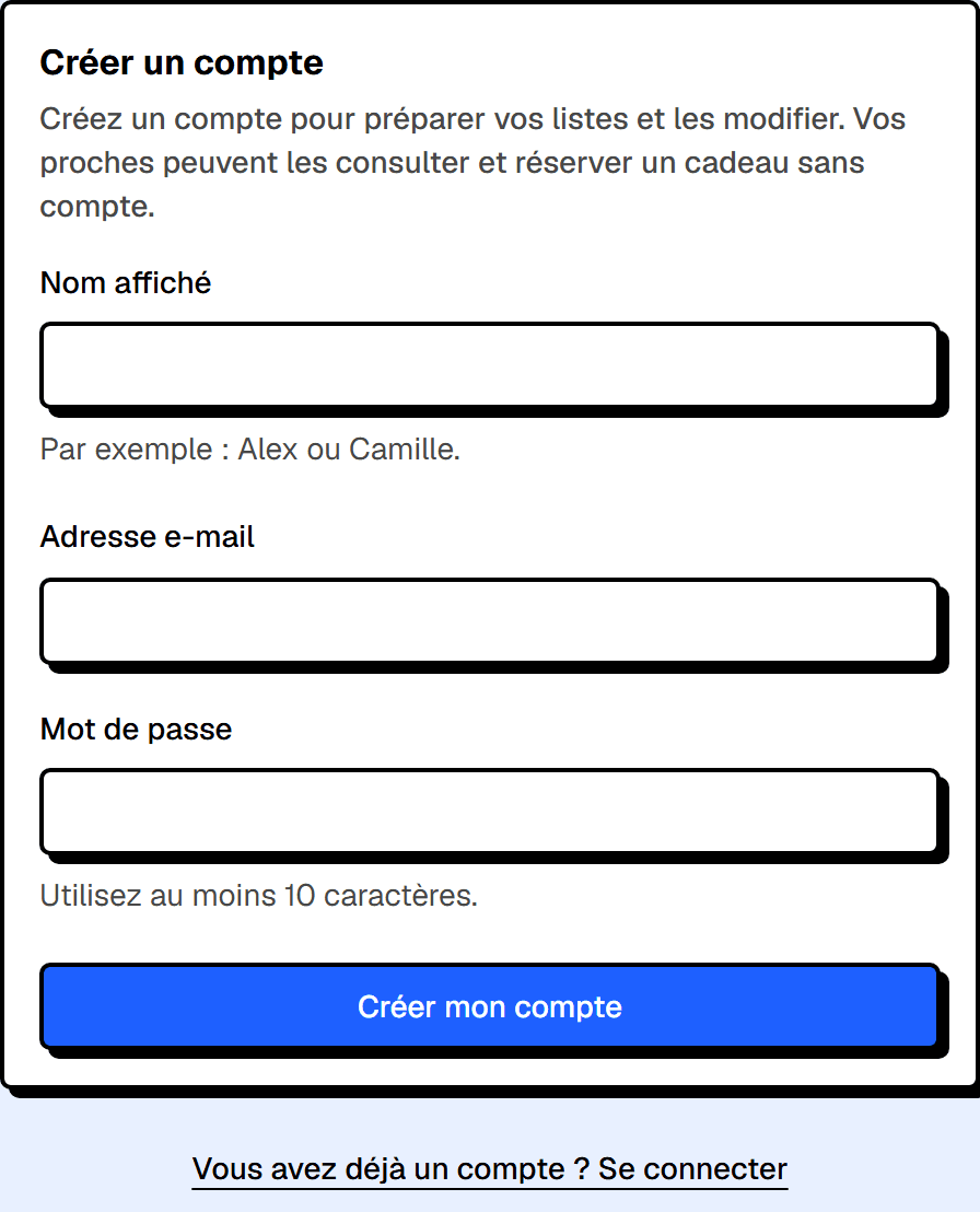 Formulaire de création de compte.