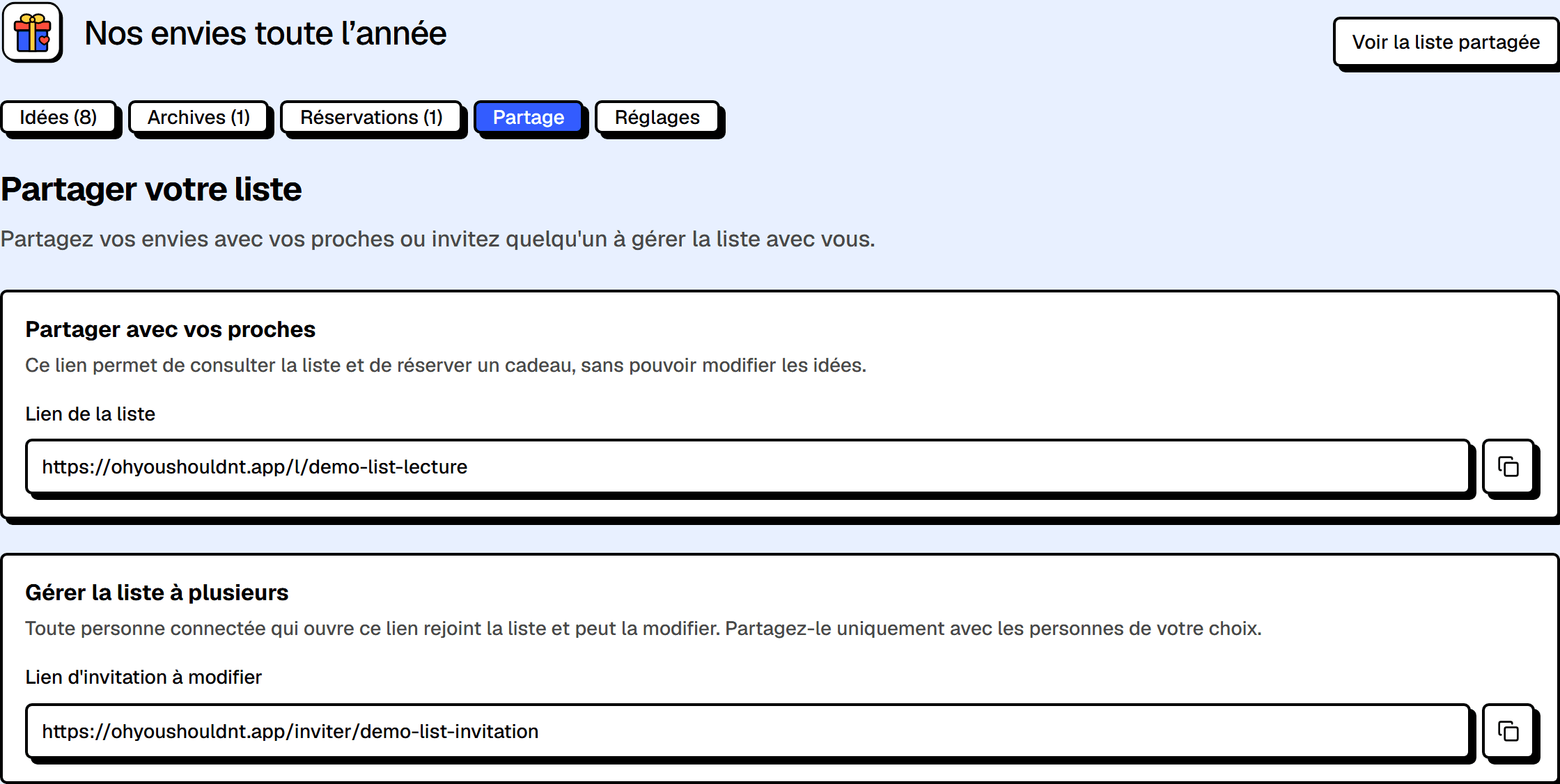 Réglages de partage d’une liste de cadeaux.