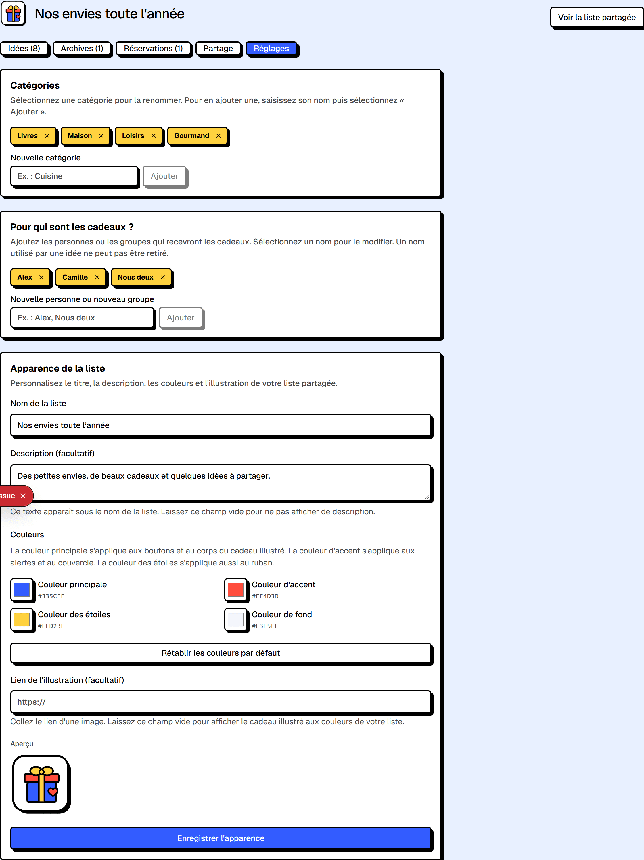 Réglages de personnalisation d’une liste de cadeaux.